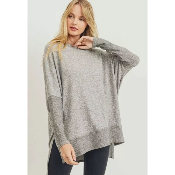 Gray Soft Brushed Knit Hi Lo Tunic Sweater Top - Picture 4 of 6